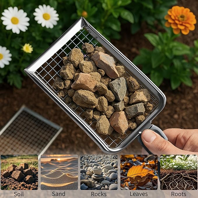 2 PCS 2-in-1 Gardening Soil Sifter Set with 3.8/5mm Mesh, Garden Sieve & Shovel Sifter Screen Potting Scoop for Sand, Dirt, Rock Compost, Stainless Steel & Ergonomic Handle