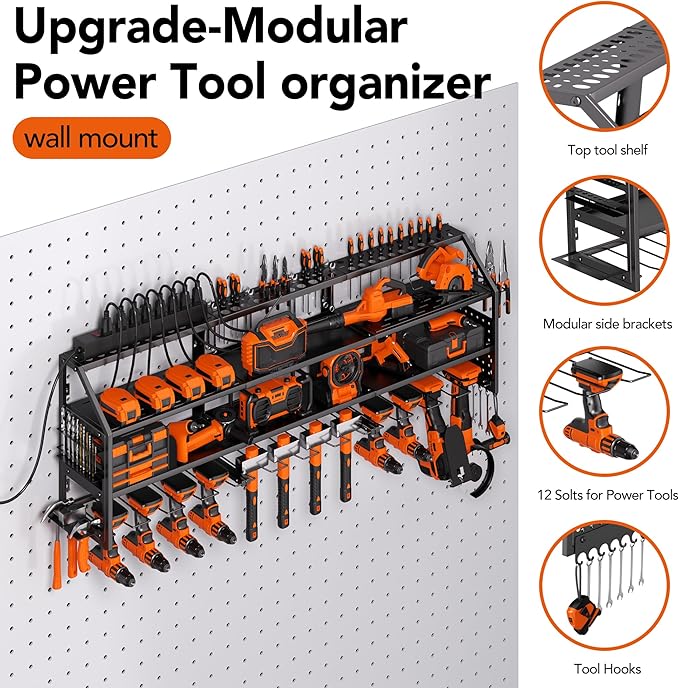 Extra Large Power Tool Organizer Wall Mount with Charging Station, 12 Drill Holders Heavy Duty with 8-Outlet Power Strip, Garage Cordless Drill Storage and Organization, Battery Utility Rack