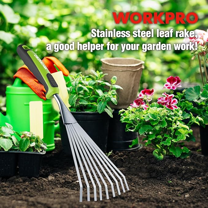 WORKPRO 16" Hand Rake, Heavy Duty Stainless Steel Garden Rake with Soft Handle, Small Garden Hand Tool for Gardening, Cultivating, Loosening Soil & Spreading Mulch, Flower Beds