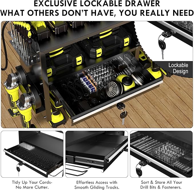 KSVO Power Tool Organizer Wall Mount with Drill Rack, Grinder Holder, Hammer & Pliers Rack, Locking Drawers, 6-Outlet Charging Shelf – Heavy Duty Metal Tool Storage for Garage, Workshop (Black)
