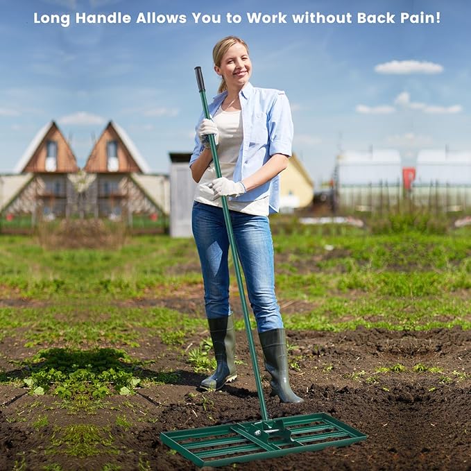 Goplus Lawn Leveling Rake, 42" x 10" Heavy Duty Level Lawn Tool w/ Ergonomic Handle for Soil, Effort-Saving Landscape Rake for Garden, Backyard, Golf Course, Farm, Pasture