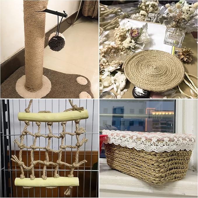 328ft Jute Twine 6mm 4-Ply Natural Thick Jute Rope 1/4' Heavy Duty Hemp for Cat Scratch Post, DIY Art Craft, Gardening, Home Decorating, Gift Wrapping