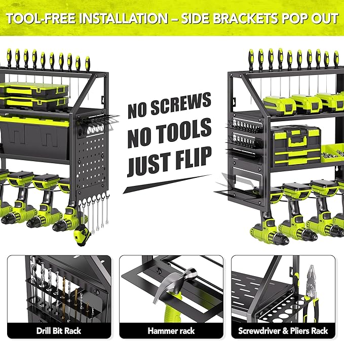 Power Tool Organizer Wall Mount with Charging Station, 8 Drill Holder with 8-Outlet Power Strip, Garage Cordless Drill Storage and Organization, Battery Utility Rack