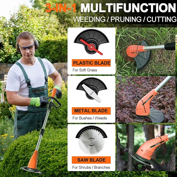 GardenJoy Weed Wacker Battery Operated: 12V Cordless Grass Trimmer with 2.0Ah Battery, Fast Charger and 3 Types Cutting Blade, Portable Electric Lawn Trimmer for Garden Yard Weeding Work