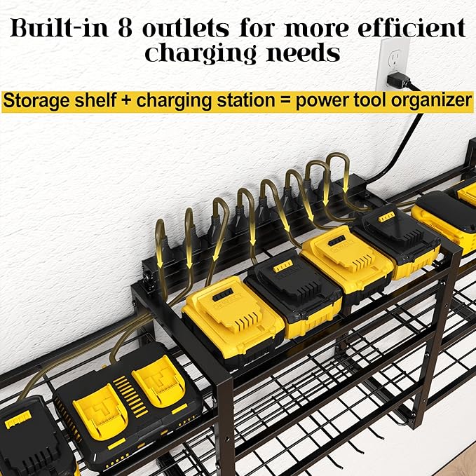 Power Tool Organizer Wall Mount With Charging Station,Upgraded Tool Shelf Load 400 Lbs,10-Tiers With 4 Cordless Drill Rack And 6FT Power Strip,Battery Utility Shelve For Garage Workshop