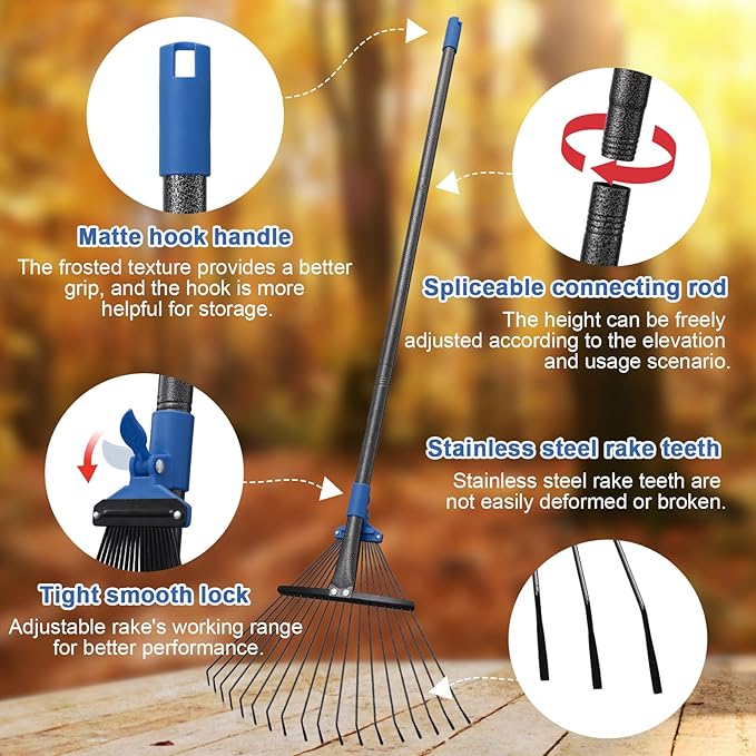 Adjustable Metal Leaf Rake Long Handle, 48 inch Garden Rakes for Lawns Heavy Duty Leaves with Expandable Head 8-17", Yard Women Kids Rake for Gardening RV Camping