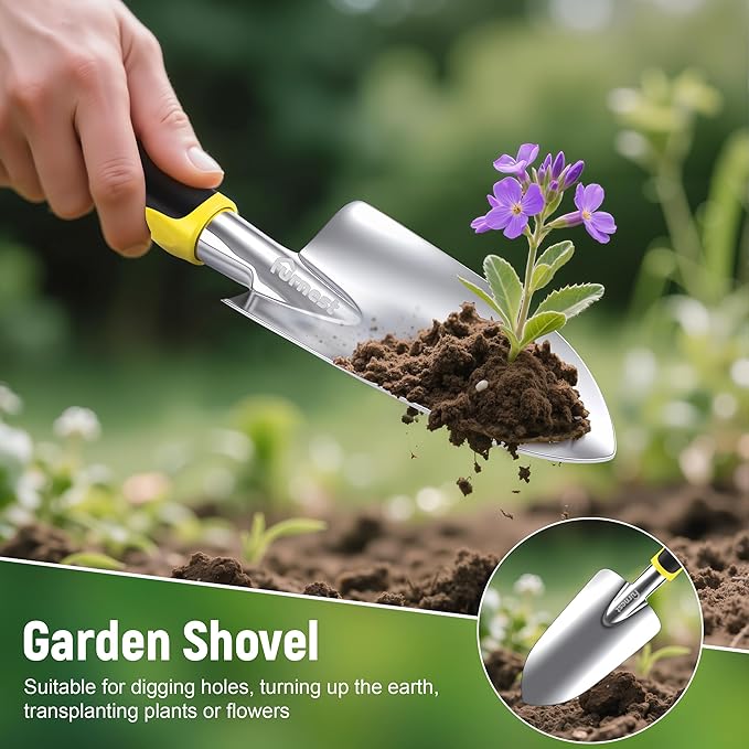 Garden Tool Set, 3 Pack Staines Steel Heavy Gardening Kit Including Hand Shovel, Transplant Shovel and Hand Rake for Planting, Digging, Weeding