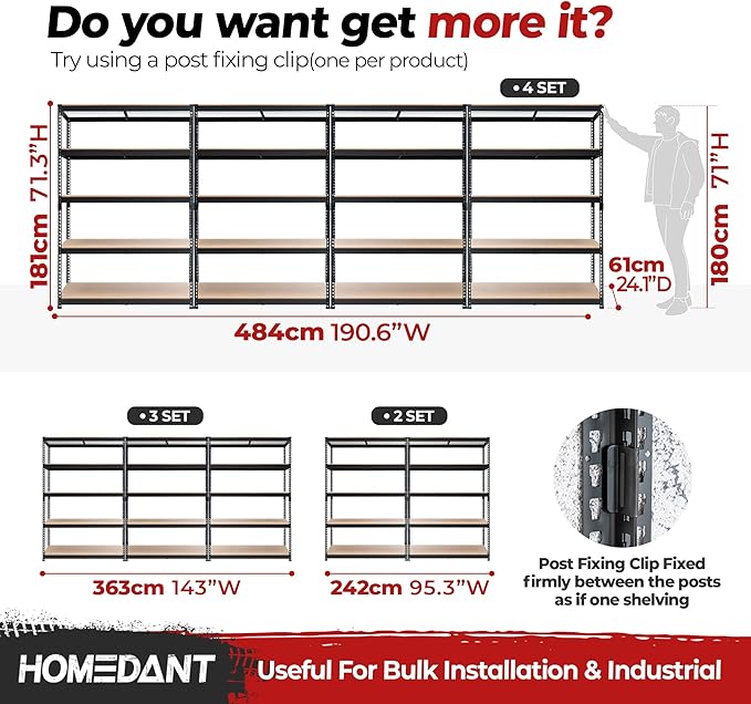 HOMEDANT 5 Tier Laminated Boltless Heavy Duty Garage Storage Adjustable Wide Size Metal Shelving Unit Utility Rack Shelves Organization Multipurpose Shelf Shed Warehouse 47.7"W x 24.1"D x 71.3"H 4Pack