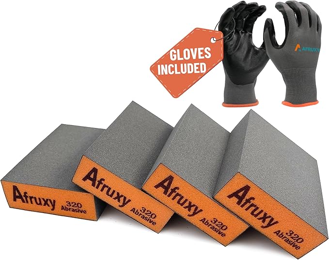 4-Pack 320 Grit Sanding Sponges with Work Gloves – Superfine High-Density Sandpaper Blocks for Wood, Drywall, Metal, and Furniture Polishing – Reusable Wet/Dry Sanding Blocks