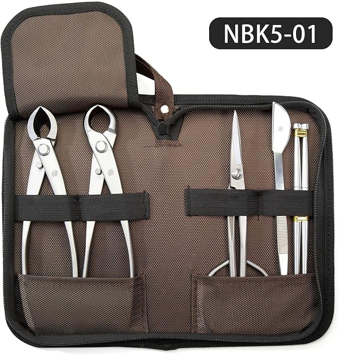 TianBonsai Bonsai Tools 5-Piece Alloy Steel Bonsai tool Kit In Cluding 210mm Long Handle Scissors / 205mm Branch Cutter / 205mm Knob Cutter / 200mm Straight Root Hook/Tweezers (NBK5-01)