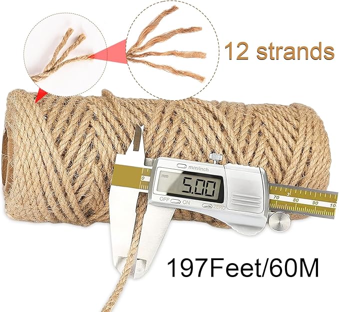 5mm 12Ply Jute Twine,197 Feet/60M Twisted Jute Rope, Garden Twine, Heavy Duty and Thick Twine Rope, Garden, Arts & Crafts, Home Decor, Packaging Braided