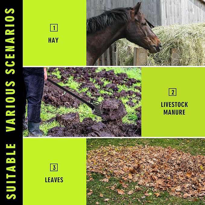 Lasnten 2 Set Pitch Fork Manure Fork with Long Handle Pitchfork Muck Rake Tool for Gardening Horse Stall Stable Grass Hay Cleaning Farm Work(Plastic Head)