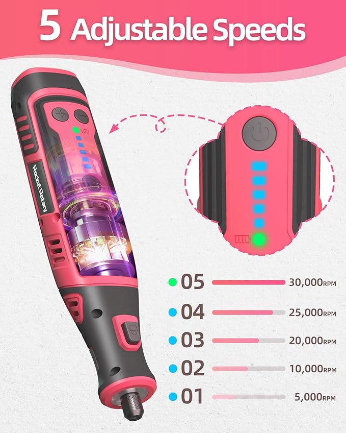 8V Cordless Rotary Tool Kit with 135pcs Accessories, 2.8Ah Battery Rechargeable Engraving Pen with LED Light, 5-Speed 30000RPM Power Rotary Tools for Drilling Grinding Sanding Polishing, Pink
