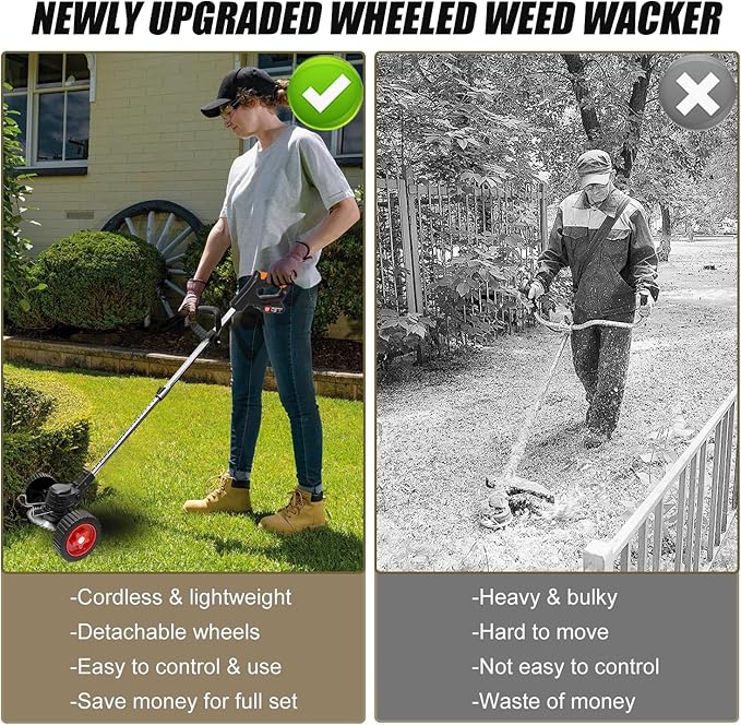 Cordless Weed Wacker Eater Electric Battery Powered, 21V Lightweight Weed Trimmer Edger Lawn Tool with 2Pcs 2000mAh Battery, 3 in 1 Stringless Grass Trimmer/Edger/Brush Cutter for Garden Yard Lawn