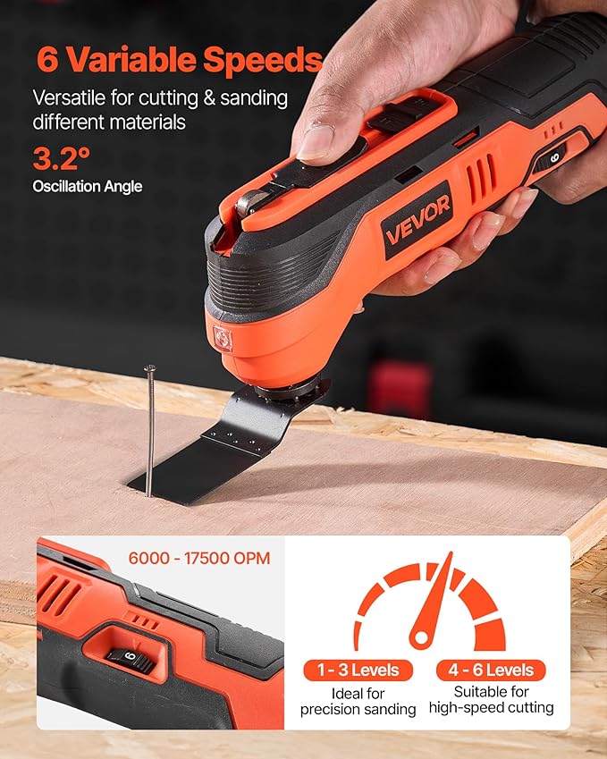 VEVOR Cordless Oscillating Tool, 12V Multitool Oscillating Saw Tool with 6 Variable Speeds 6000-17500 OPM, 3.2° Oscillation Angle, 2.0Ah Battery Pack & Charger, 8PCS Saw Accessories & LED Work Light