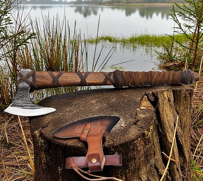 Forest Hunting | 27" and 3.5 lbs Custom Handmade Viking Axe of Ragnar Lothbrok Norsmen- Tomahawk and Forest Hatchet Authentic Viking ax with Sheath Mens Gift. (Ragnar Lothbrok Axe)