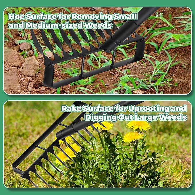 Stirrup Hoe Garden Tool Weed Puller with 76.8Inch Adjustable Stainless Steel Handle, Heavy Duty Hula Hoe and 12 Tines Rake 2 in 1 Gardening Tools Garden Cultivator for Weeding Soil Loosening, Black
