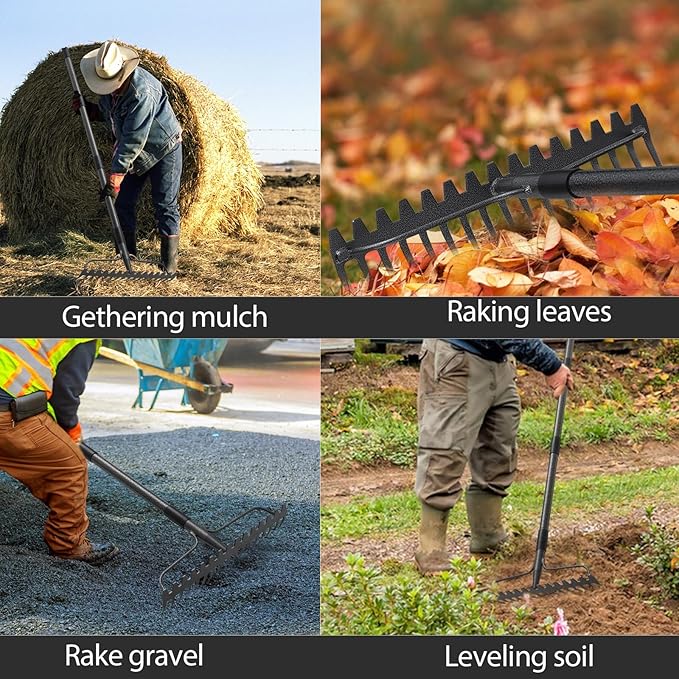 Thatch Rakes for Lawns, Heavy Duty Metal Garden Rake with 17 Prongs, Adjustable Yard Rock Rake for Gardening Loosening Soil, Long Handle 60 Inches