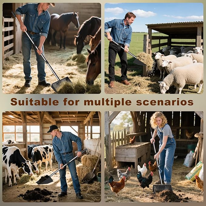 Metal Chicken Poop Scooper & Rake Scoop 10" Metal Chicken Coop Rake with Assistanted Handle Grip Heavy Duty Scoop Tool Adjustable Long Handle (36 to 62") for Coops Farm Animals