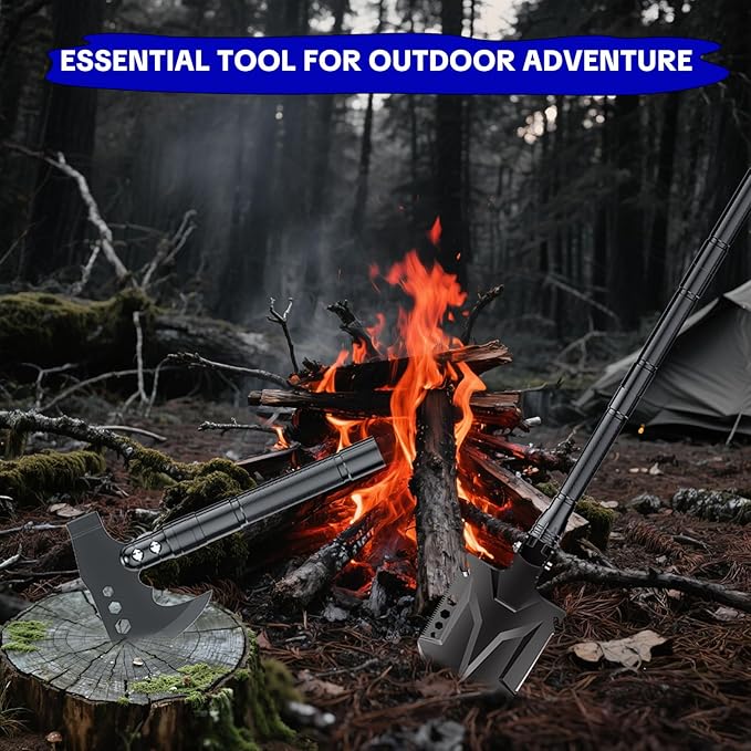 Jbox Shovel Axe Set, High Carbon Steel Folding Shovel with Adjustable 19.2-37.8 Inch Handle, Multi-Tool for Camping, Hiking, Cycling & Emergency, Includes Headlamp, Tactical Outdoor Gear