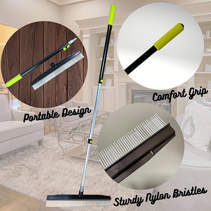 Room Groom Carpet Rake Groomer with Telescoping 54" Adjustable Handle & Portable Lint Remover Brush Tool, Carpet Brush Ideal for Pet Hair, Refreshing Carpets, Rugs, and Artificial Turf