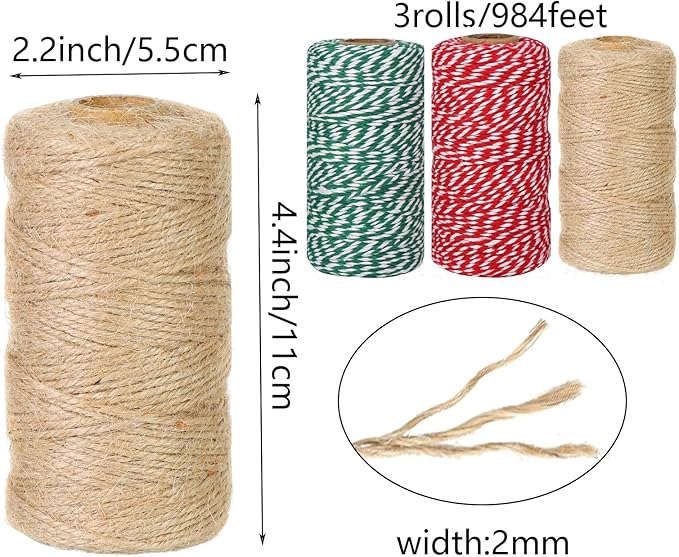 Christmas Cotton Twine Natural Jute 2mm Packing 984 Feet Bakers Kraft Butchers Baking Gardening Twine for Gift Wrapping Arts Crafts Party Decorations(Brown Green Red)