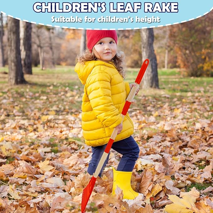 Kids Leaf Rake - 3-Section Adjustable Handle, Lightweight, Wood & Plastic, Small Garden Tool for Children (Red+Yellow)