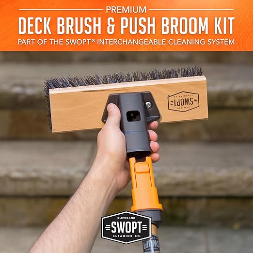 SWOPT 10" Rough Surface Deck Brush, 24" Multi-Surface Push Broom + 60" EVA Foam Comfort Grip Wooden Handle, Broom Kit Combo — 2 Cleaning Heads and Long Handle Interchangeable with SWOPT Cleaning Head