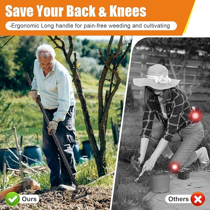 Hula Hoe Garden Tool - 2 in 1 Stirrup Action Hoe & Rake,Heavy Duty Weeding & Cultivating Tool,Adjustable Long Handle (36”-74”),Sharp Carbon Steel Blade for Effortless Gardening