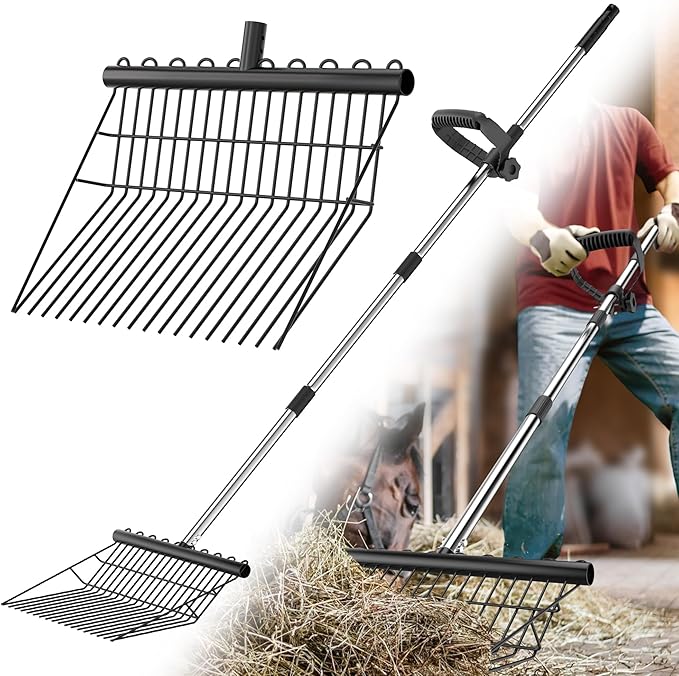 Manure Fork - Metal Horse Manure Rake with 2 Durafork Replacement Heads and 1 Steel Handle, Rustproof Heavy Duty Hay Pitch Fork for Horse Stall Poop