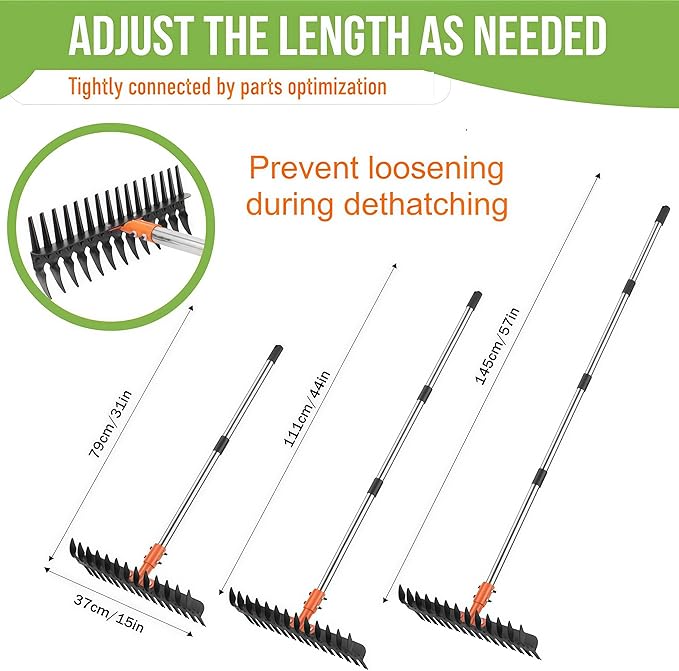 Thatching rakes for lawns, Heavy Duty Metal Thatcher rake with Strong Handle, Wide 15inch Iron dethatching rakes for Yard Leaf & Weed Clean, Soil Loose (Yellow-tine29)