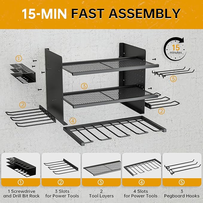 Power Tool Organizer Wall Mount, 3 Layer 8 Drill Holder Tool Shelf Storage Rack for Garage Organization, Birthday Gifts for Him Men Dad Husband Anniversary Fathers Day, Cool Gadget Stocking Stuffer