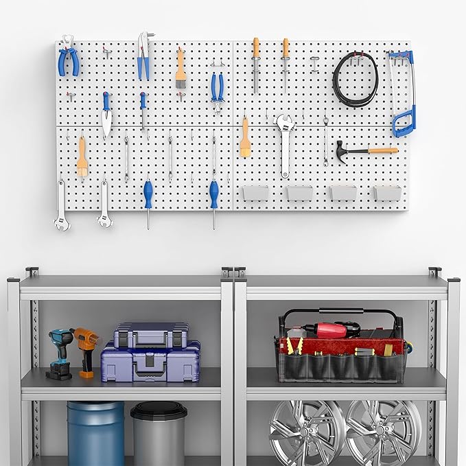 48PCS Metal Pegboard Kit – 12"x24" Tool Storage Wall Organizer Pegboard with Hooks and Bins for Garage, Workshop, Kitchen, Office, and Craft Room (Gray)