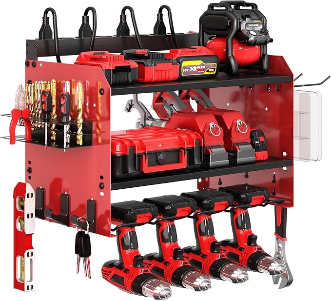 Wide Power Tool Organizer Wall Mount with Charging Station,3 Layer Adjustable Heavy Duty Tool Storage Rack 4 Drills with 8 Outlet Power Strip,Hooks,Screwdriver box,Garage Gifts for Fathers Day,Red