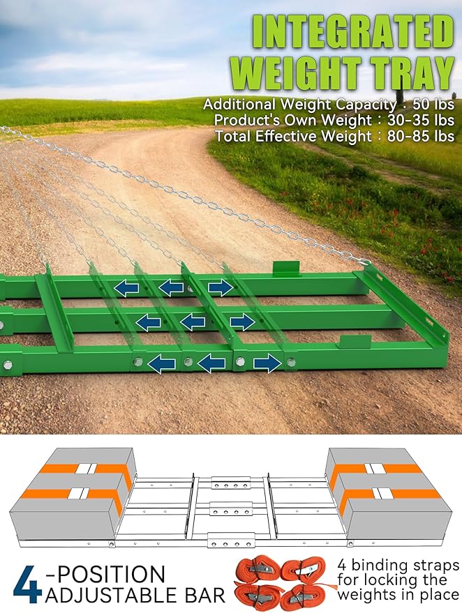 8ft Heavy Duty Drag Harrow for ATV, UTV, Tractor - Adjustable Tow Behind Leveling Rake with Weight Tray for Driveway Grader, Lawn, Field, Pasture, Food Plot Maintenance, Green(96 inch)