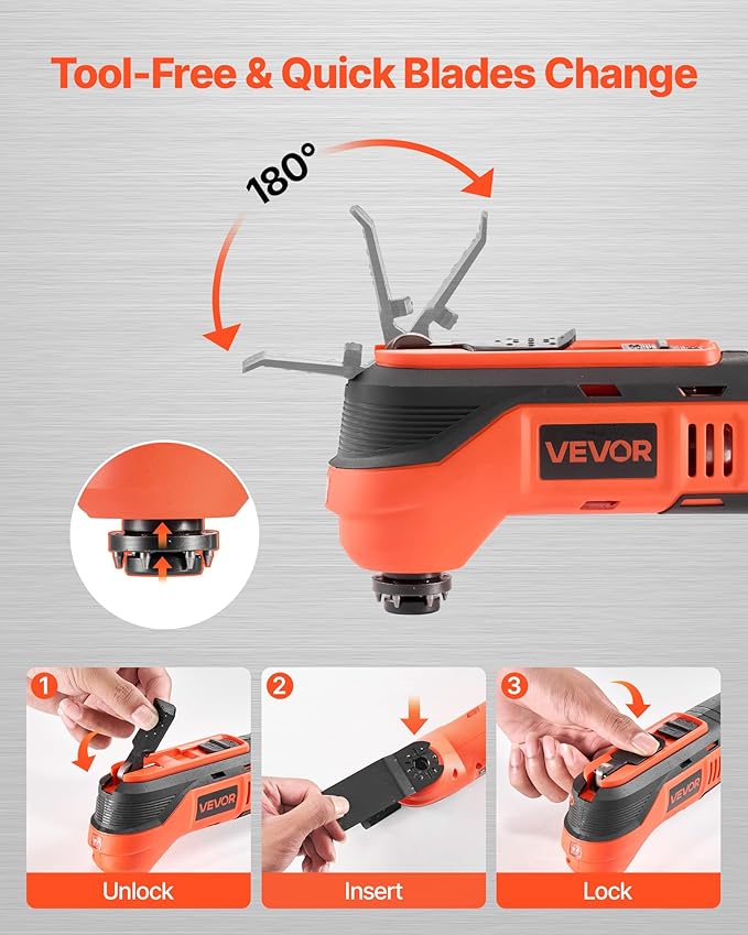VEVOR Cordless Oscillating Tool, 12V Multitool Oscillating Saw Tool with 6 Variable Speeds 6000-17500 OPM, 3.2° Oscillation Angle, 2.0Ah Battery Pack & Charger, 8PCS Saw Accessories & LED Work Light