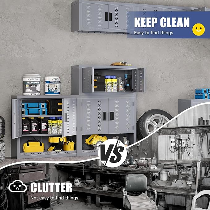 Metal Garage Storage Cabinet Industrial Style Tool Cabinets with 2 Doors and Adjustable Shelf Wall Mounted Steel Hanging Cabinet for Warehouse Basement Kitchen Laundry - Assembly Required