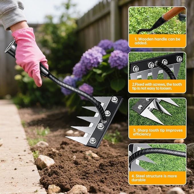 Iron Weeding Rake, 5-Teeth Detachable Gardening Hand Weeder Tool with Ergonomic Grip, Heavy-Duty Hand Weeder Puller Tool for Yard & Lawn & Flowerbeds