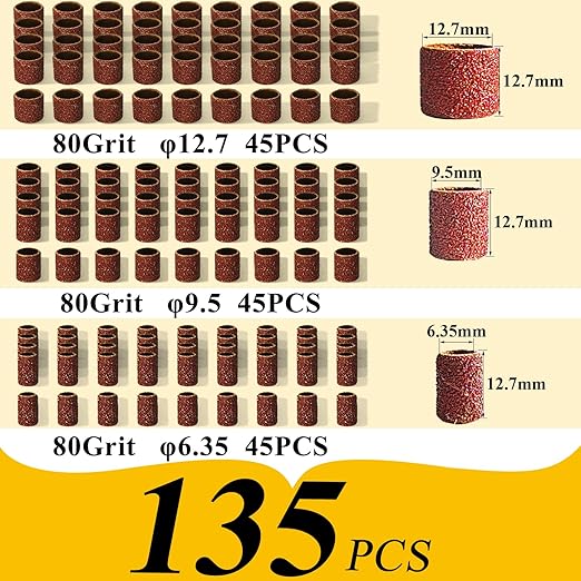 Asieg Tool Sanding Drum Kit 142Pcs 80Grit, 1/2" & 3/8" & 1/4" Diameter Drum Sanding Band with 3.17mm Shank Mandrels for Drill Dremel Rotary Tools Nails Drill