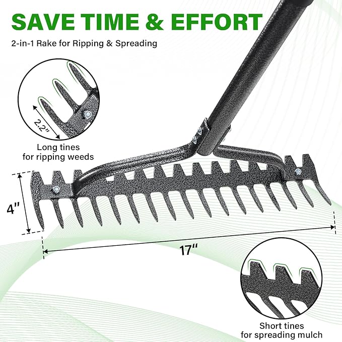 Garden Rake Heavy Duty, 17 Tines Metal Bow Rake with 49" Adjustable Handle, Landscape Yard Rakes for Lawns Leveling Loosening Soil, Spreading Mulch, Clearing Leaves Weeds Lawn Care Tool Thatch Rake