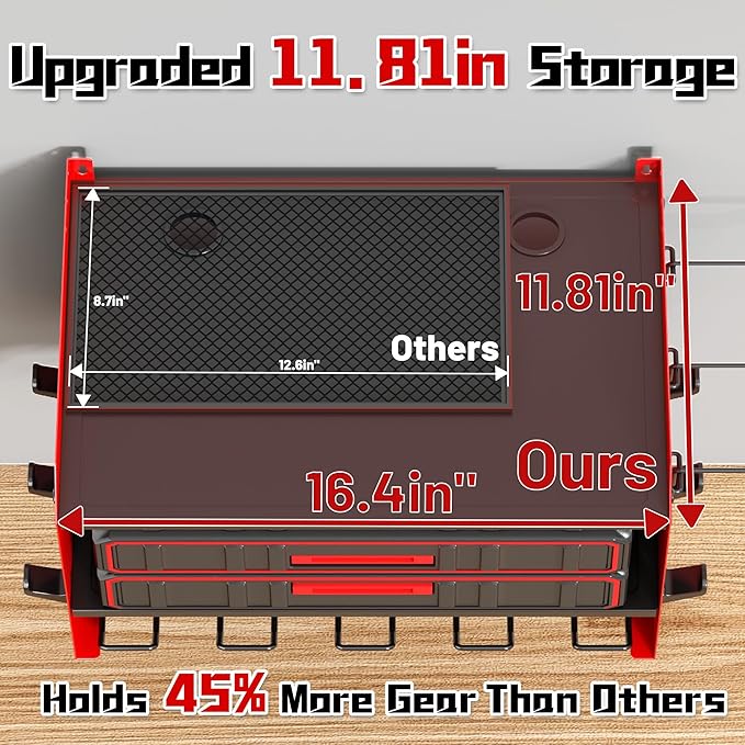 Wide Power Tool Organizer Wall Mount with Charging Station,3 Layer Adjustable Heavy Duty Tool Storage Rack 4 Drills with 8 Outlet Power Strip,Hooks,Screwdriver box,Garage Gifts for Fathers Day,Red