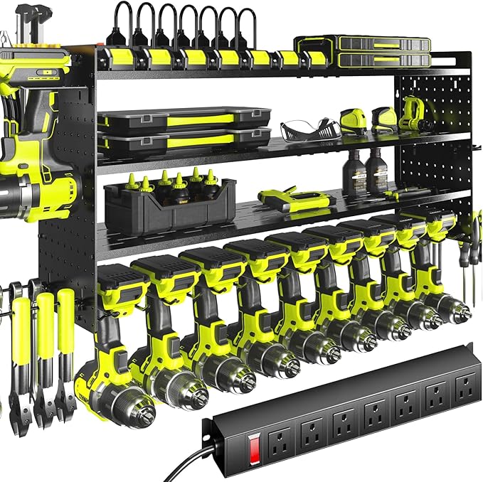 KAFAHOM Power Tool Organizer with Charging Station,9 Drill Holder Wall Mount,4 Layer Durable Metal Cordless Drill Storage for Garage Organization,Battery Tool Rack Built in 7 Outlet Power Strip Black