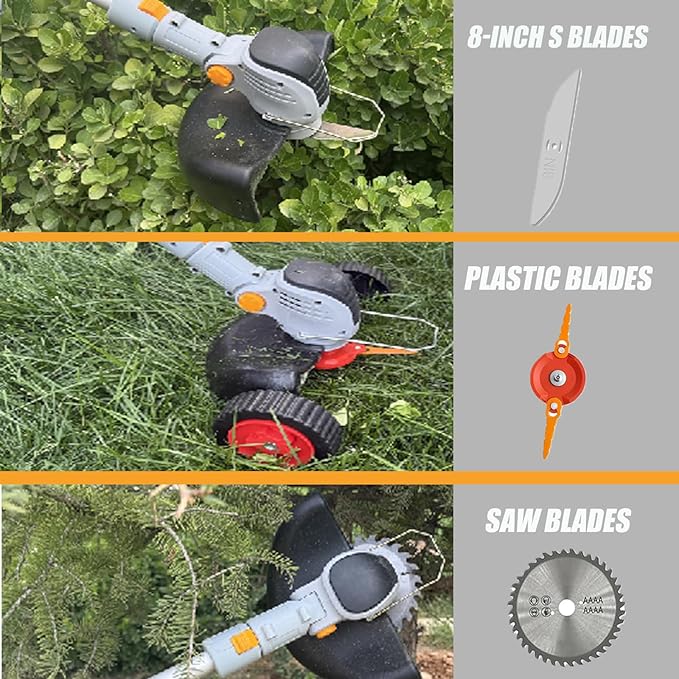 Weed Wacker Cordless Battery Powered Electric Weed Trimmer with 2X 21V/4.0Ah Battery Operated & Wheels 3 Types Blades, 3 in 1 Stringless Grass Trimmer/Edger/Brush Cutter for Garden Yard Lawn(Gray)