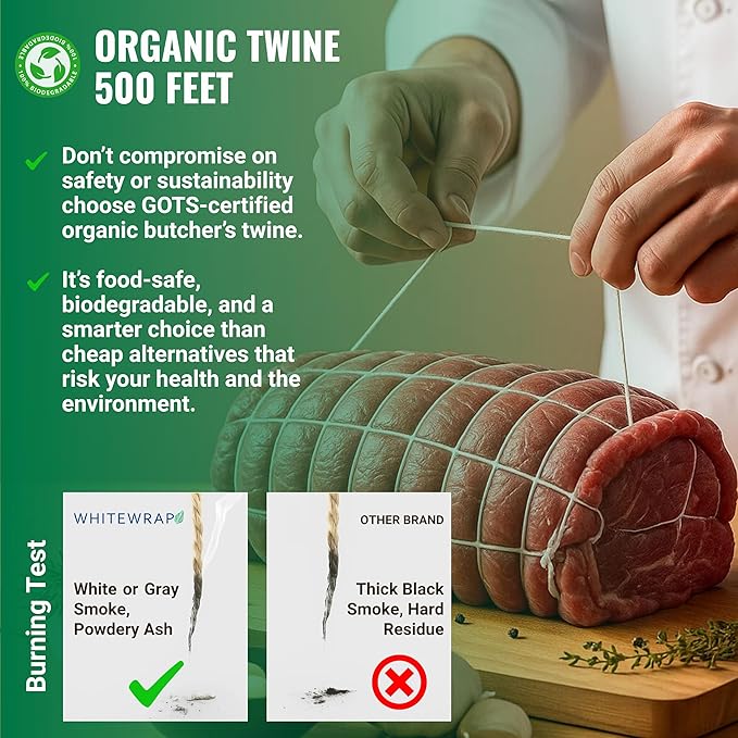 Premium Organic Butcher’s Twine | 1.2mm Natural Cotton, 500 Feet – Oven-Safe for Turkey Trussing, Meat Roasting & Baking | Strong & Versatile for Cooking, Crafts & Gift Wrapping