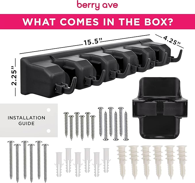 Combo 5 Slot Broom Holder w/ 1 Self Adhesive Mop Gripper No-Drilling, Wall Mount Tool Organizers For Kitchen, Garage, Laundry Room- Anti-Slip Hanger For Brooms, Mops, Rakes, Dustpans (Black/Black)