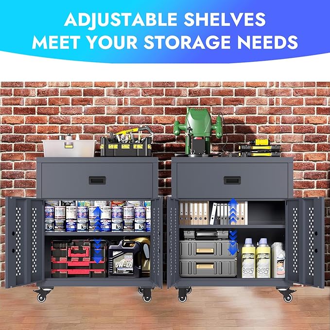 KAER Metal Garage Storage Cabinet with Wheels Tool Chest with Drawer 2 Doors and Adjustable Shelf Industrial Style Tool Cabinets for Warehouse Garage Basement Repair Shop - Assembly Required