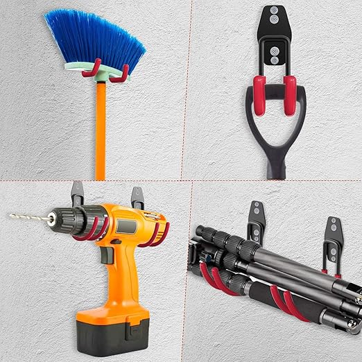 3-H Garage Wall Hooks 10 Pack, Heavy Duty Garage Hooks with Extra Welding Spots, Wall Mount Storage Organizer for Hanging Garden Lawn Tools, Chair, Shovel, Blower, Toolkit (Red)