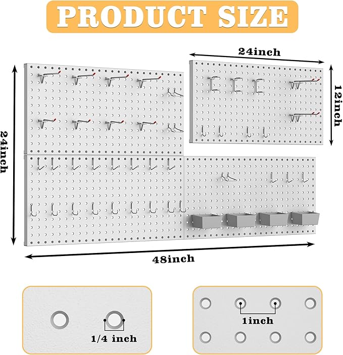 48PCS Metal Pegboard Kit – 12"x24" Tool Storage Wall Organizer Pegboard with Hooks and Bins for Garage, Workshop, Kitchen, Office, and Craft Room (Gray)