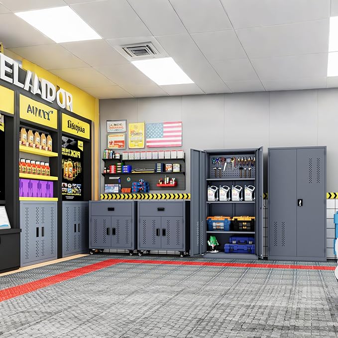 KAER Metal Garage Storage Cabinet with Wheels Tool Chest with Drawer 2 Doors and Adjustable Shelf Industrial Style Tool Cabinets for Warehouse Garage Basement Repair Shop - Assembly Required