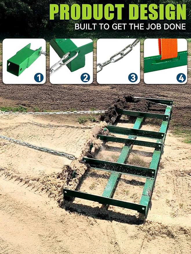 6ft Heavy Duty Drag Harrow for ATV, UTV, Tractor - Adjustable Tow Behind Leveling Rake with Weight Tray for Driveway Grader, Lawn, Field, Pasture, Food Plot Maintenance, Green(72 inch)